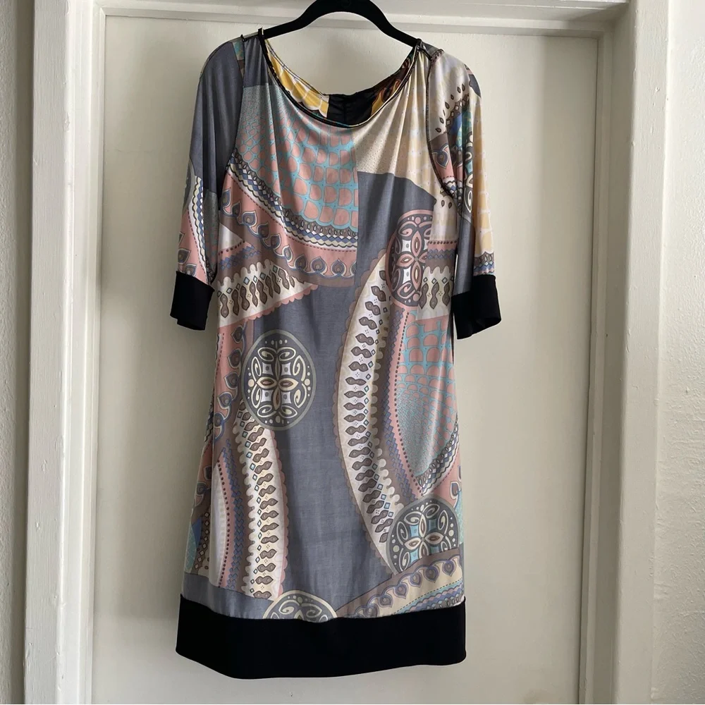 Papillon Blanc Geometric dress Black Yellow Orange size large Lightweight retro - Picture 8 of 9
